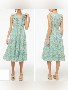 J.Crew green floral print cotton ruffleneck tiered pocketed midi dress Size 4
